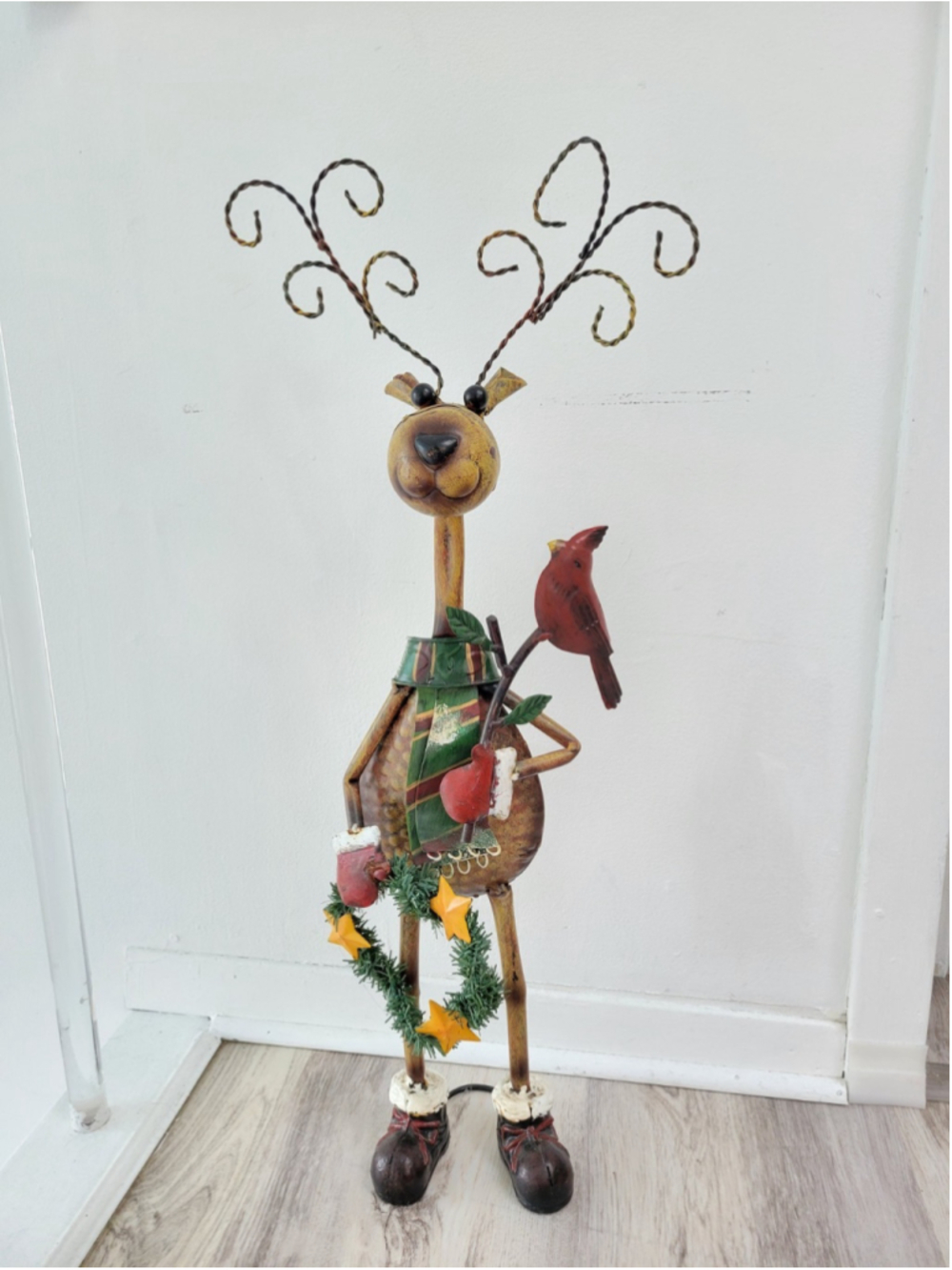 Metal Moose Reindeer Santa Hat Cardinal Christmas Holiday Figurine Decor 25" Vtg